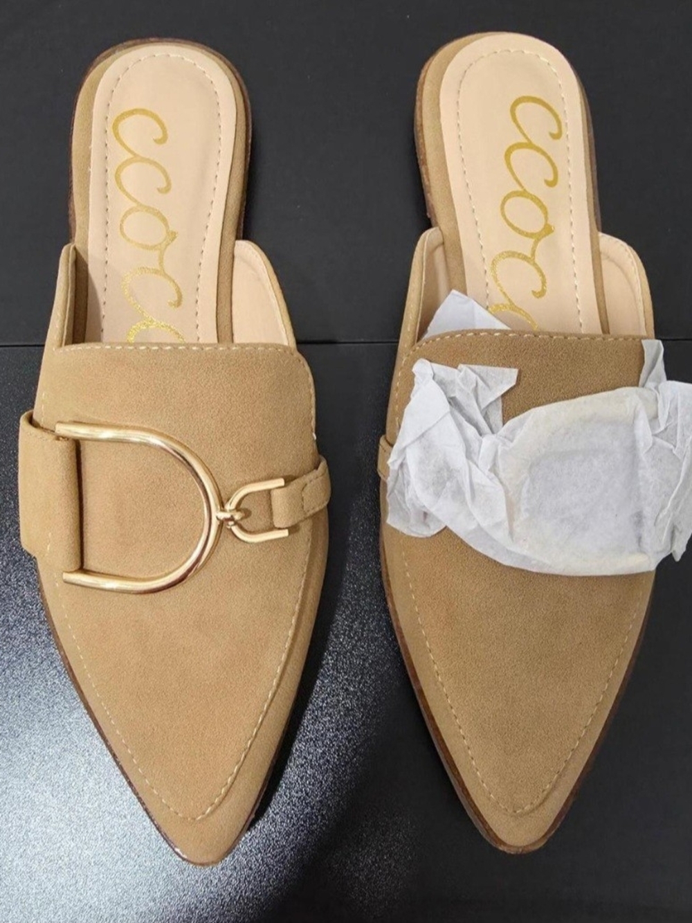 NWOT - Tan Pointed Toe Slip-On Mules with Gold Horsebit - Picture 2 of 4